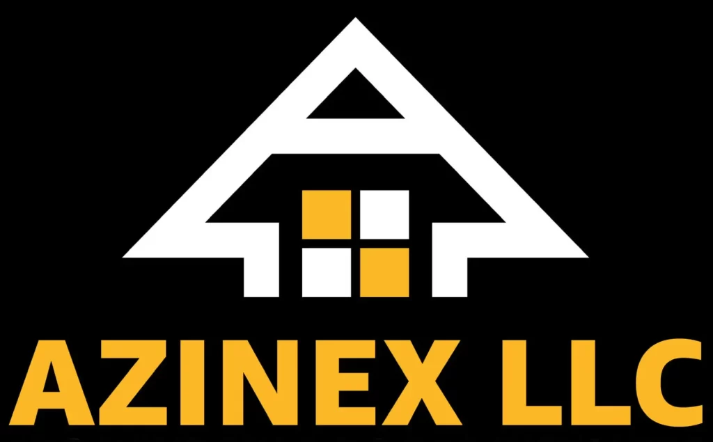 Azinex Construction logo featuring a house silhouette and the text "AZINEX LLC" in bold yellow against a black background, representing energy-efficient window installation services.