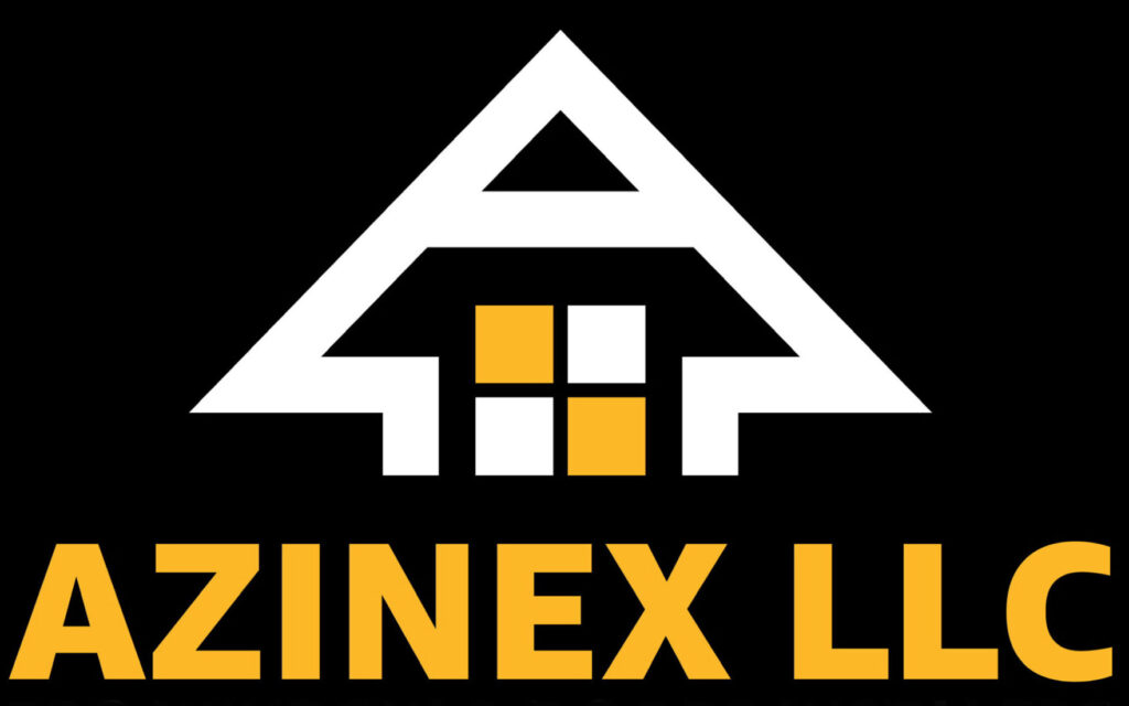 Azinex Construction logo featuring a stylized house with windows, emphasizing energy-efficient solutions for homeowners.