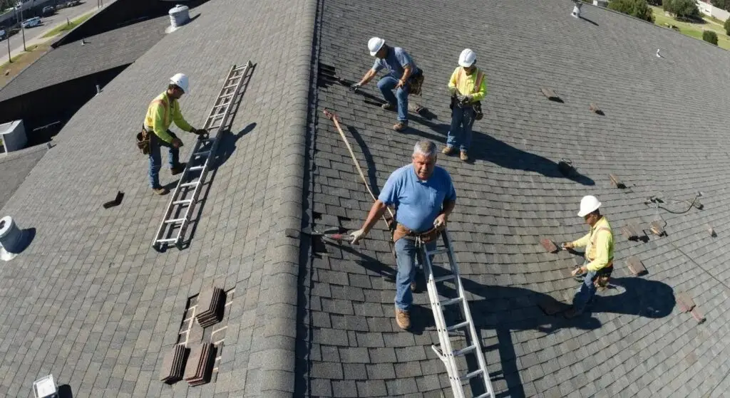 Roofing crew working on a residential roof in New Jersey, using ladders and tools for maintenance and repair, showcasing teamwork and safety practices.