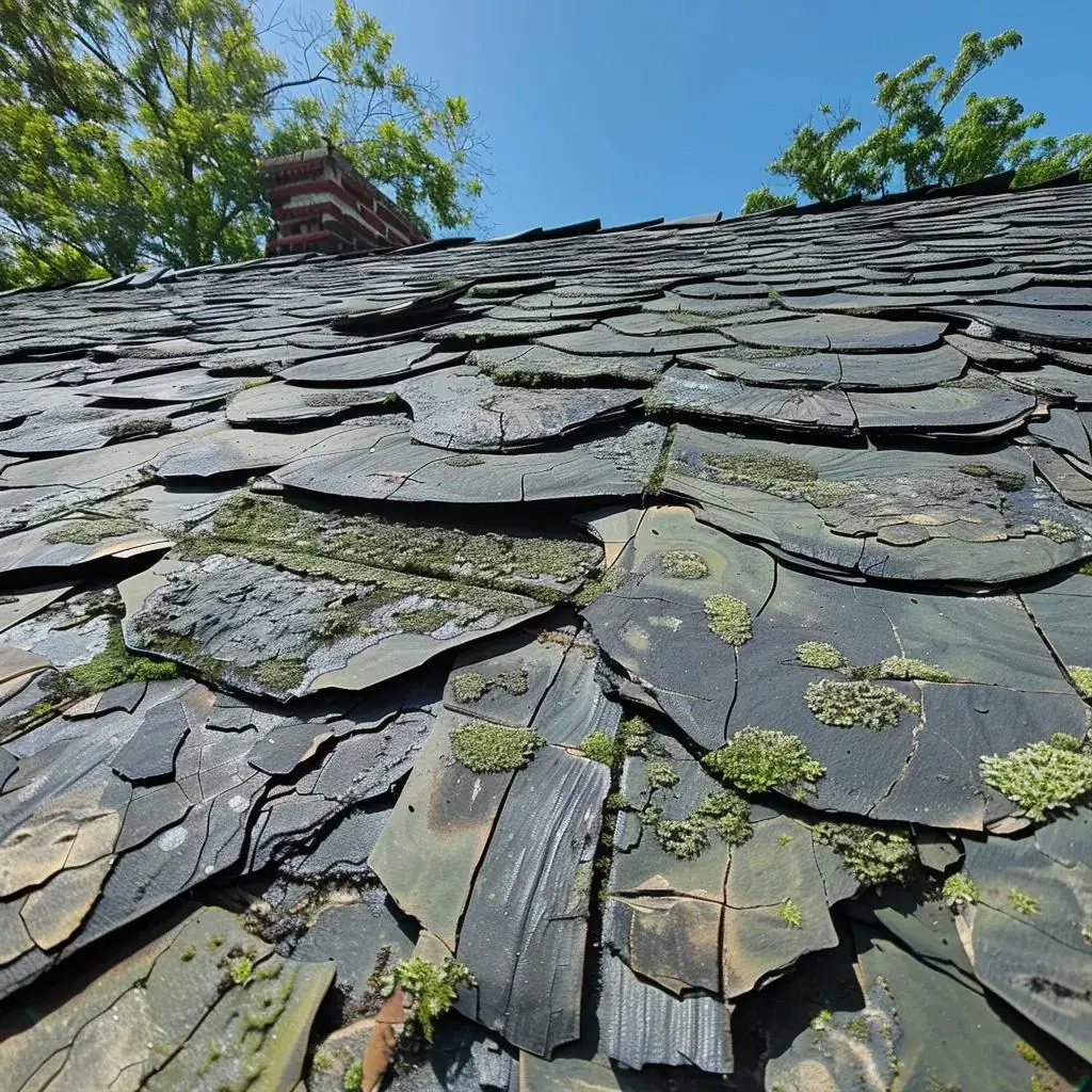 Close-up of a weathered slate roof showing cracked and moss-covered tiles, with a clear blue sky in the background, relevant to roof maintenance and repair topics in New Jersey.