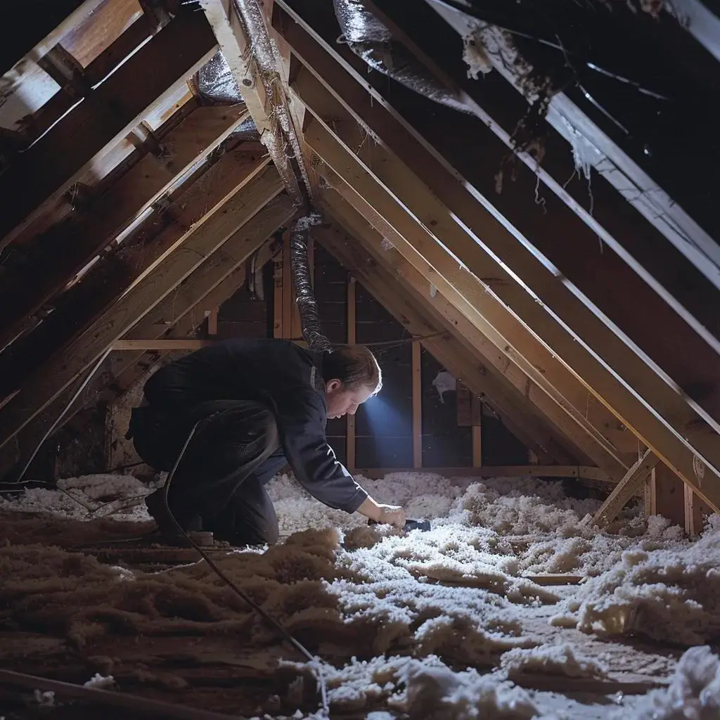 Person inspecting attic with flashlight, searching for signs of roof leaks and moisture damage amidst insulation and wooden beams.