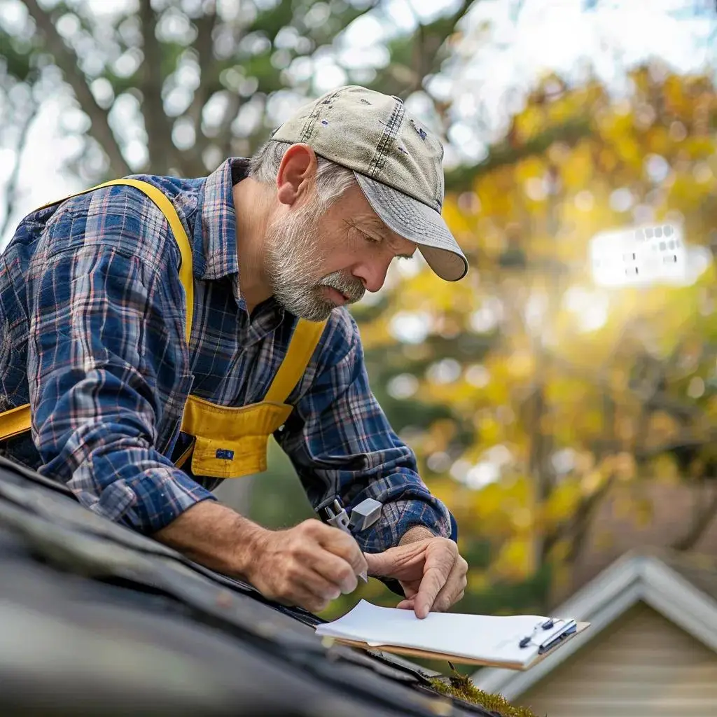 Roof inspector evaluating shingles and taking notes on a clipboard, emphasizing the importance of annual roof inspections for New Jersey homeowners.