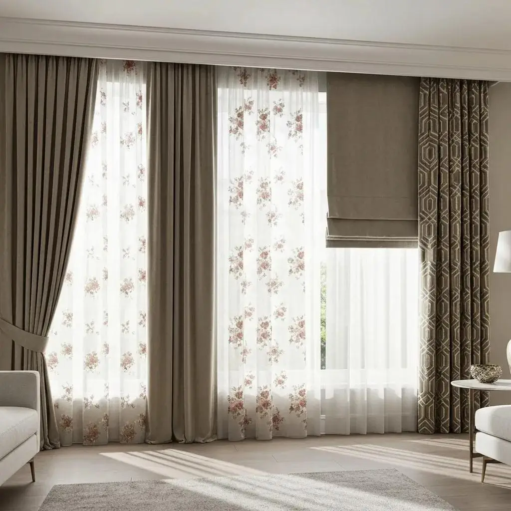 Elegant window treatments featuring sheer floral curtains and textured drapes, enhancing natural light and aesthetic appeal in a modern living space.