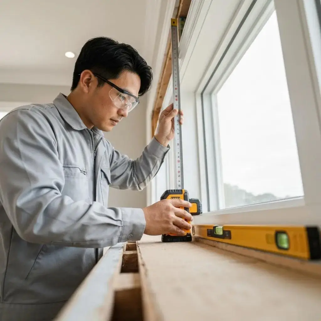 Professional installer measuring rough opening for energy-efficient window installation, using a level and measuring tape, ensuring precise alignment and preparation for optimal window performance.