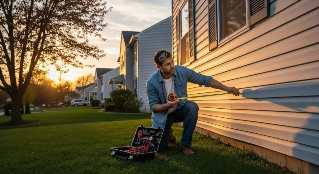 Homeowner checking warped siding panels with a tape measure in Lawrence Township, NJ