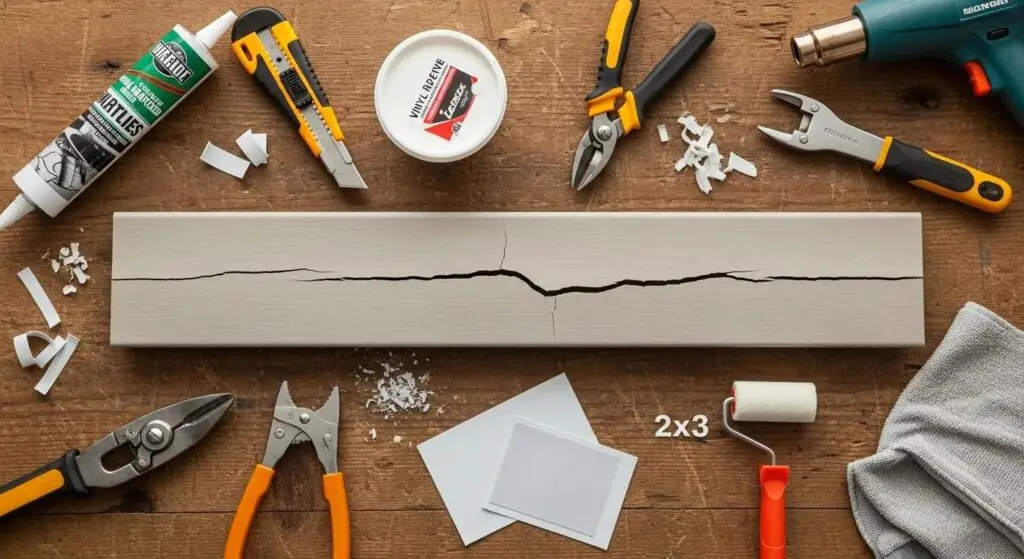 Repair tools and materials for fixing cracked vinyl siding, illustrating common repair techniques